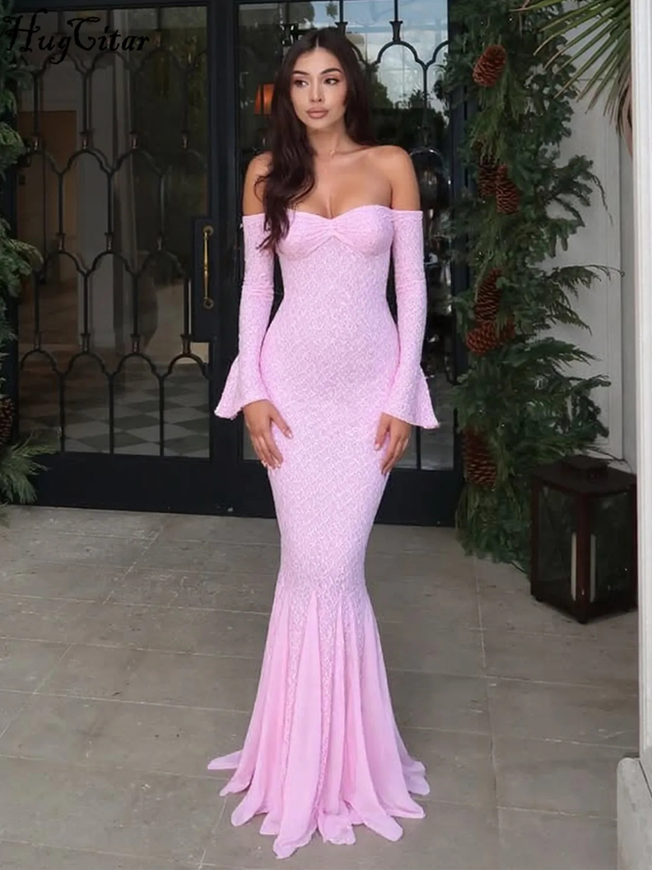 Hugcitar Fall Elegant Solid Slash Neck Patchwork Lace Long Sleeve Sexy Pleated Maxi Dress Women Clothes Vacation Birthday Party 261015
