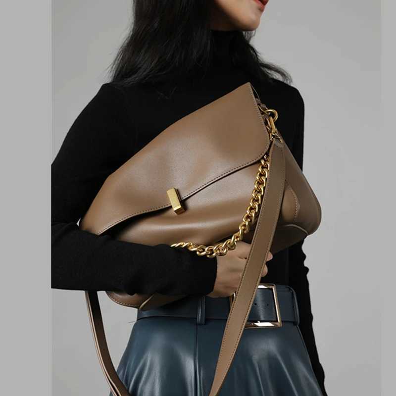 Evening Bags TOPTRENDS Large Genuine Leather Chain Shoulder Bag Women Slouchy Soft Cowhide Office Work Messenger Bags Satchel Handbags H261016