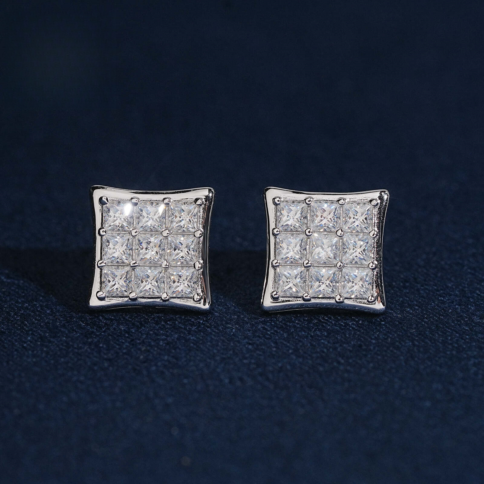 S925 silver moissanite 10mm princess-cut square stud hip-hop style, fully diamond-studded earrings, wholesale from a factory