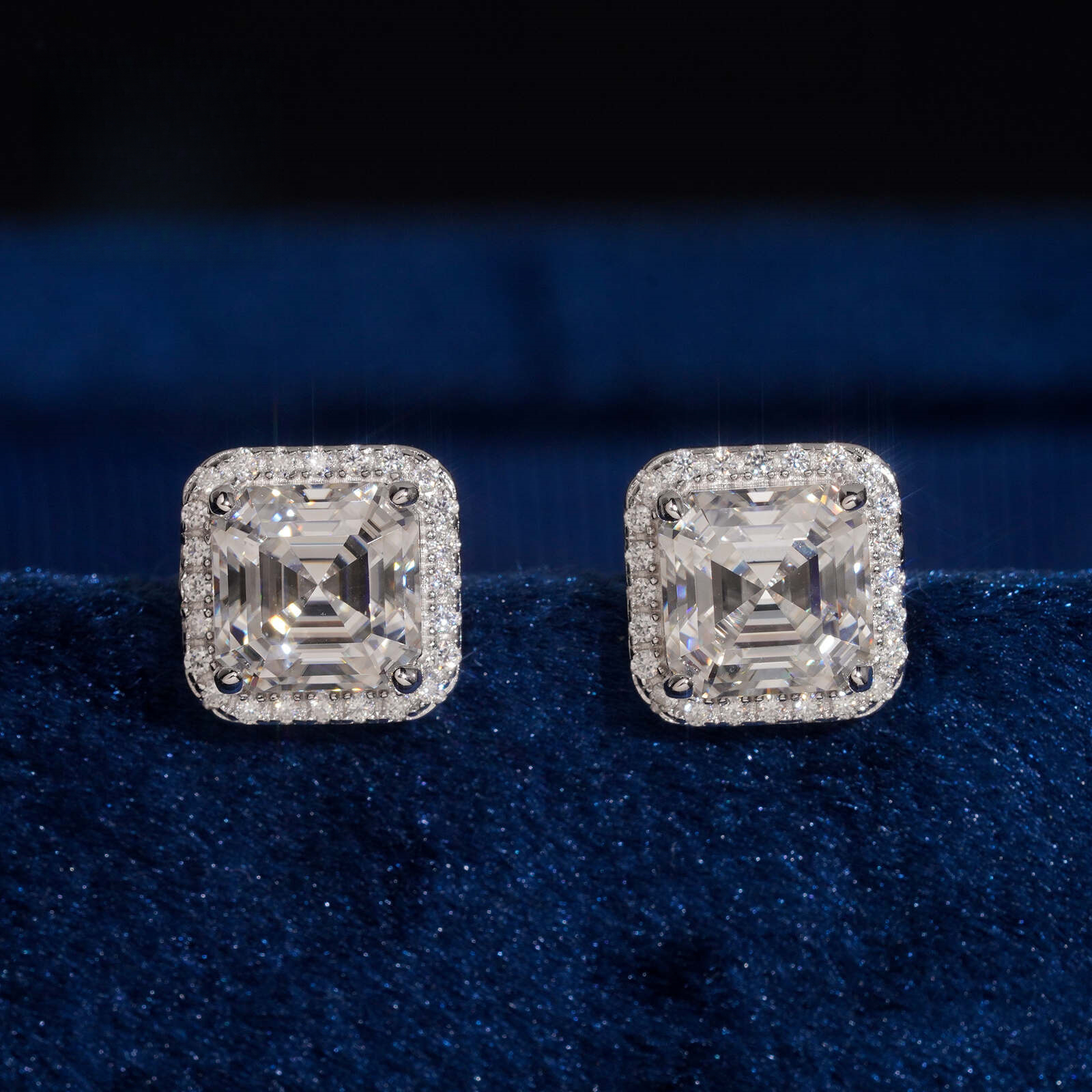 S925 Silver 7MM Asscher-Cut Moissanite Stud Earrings, Hip-Hop Style Full Diamond Earrings Wholesale