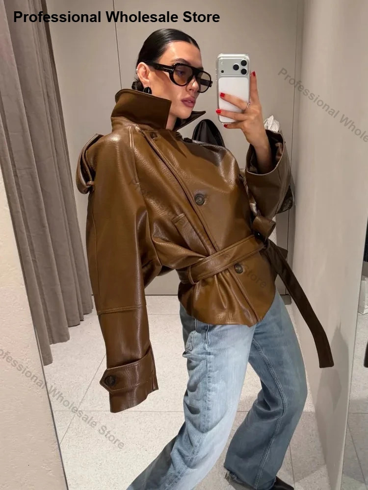 Womens Faux Leather Blazer Open Front PU Jacket Brown Leatherette Coat Y2k Women's Fashion Multi Pocket Y2K Vintage 261009