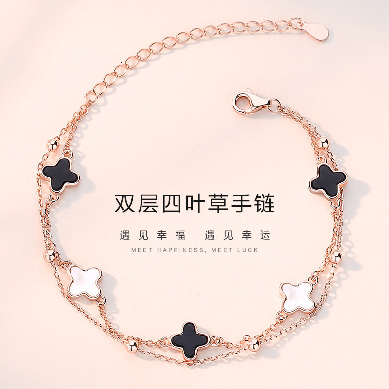 V brand bracelet Four-leaf clover bracelet for girls, copper plated with silver, five-flower double-layer bracelet, friendship jewelry, ins niche de