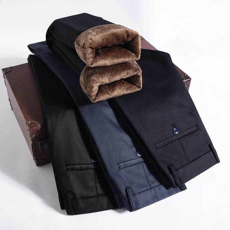 Winter Fleece Mens Business Pants Classic Trousers Elastic Thickened Warm Flannel Straight Casual Plush 261017