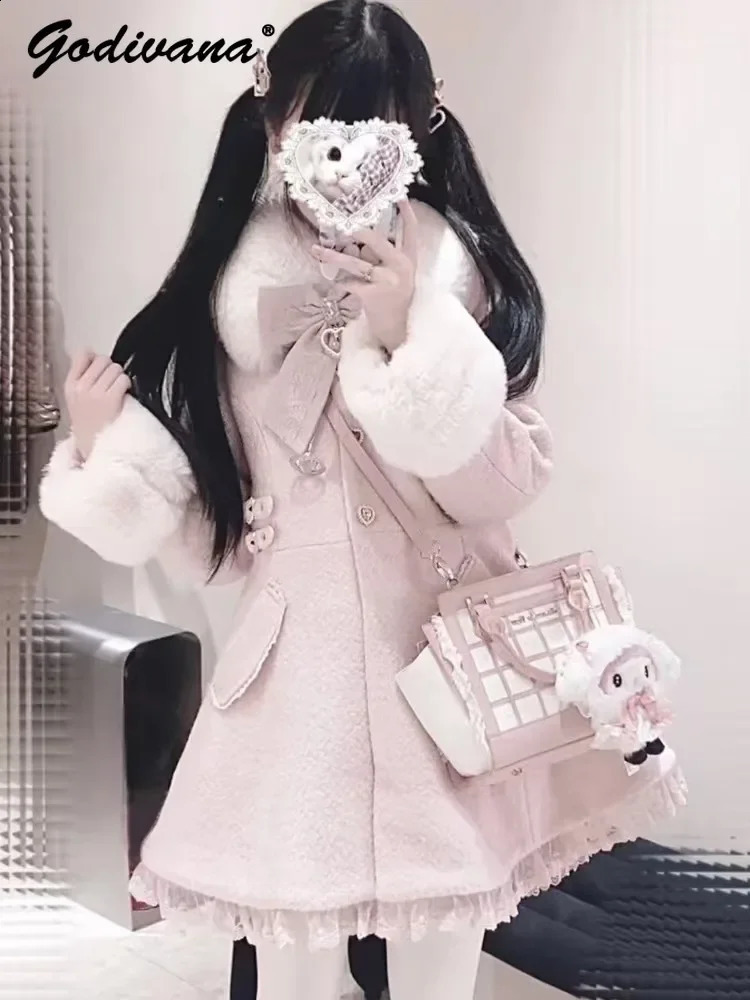 Winter Japanese Sweet Bow Slim Medium Long Woolen Coat Faux Fur Collar Lolita Girl Women's Pink White Wool Jacket Overcoat 261016
