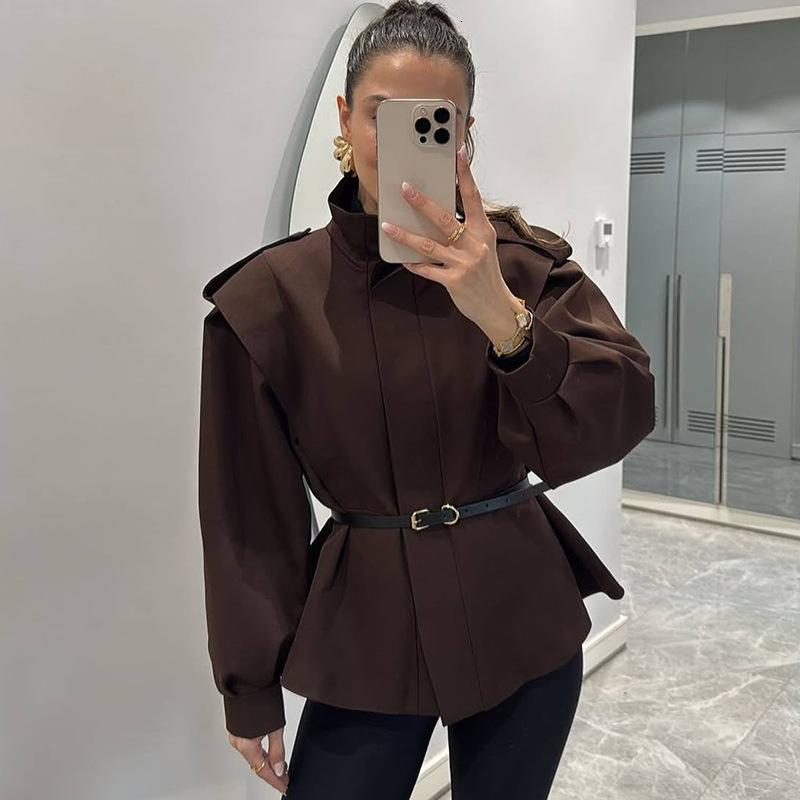 Women 2026 New Spring European American Style Stand Collar Irregular Short Trench Coat Slim Fit Trendy Stylish Soft Breathable Daily Street Outerwea