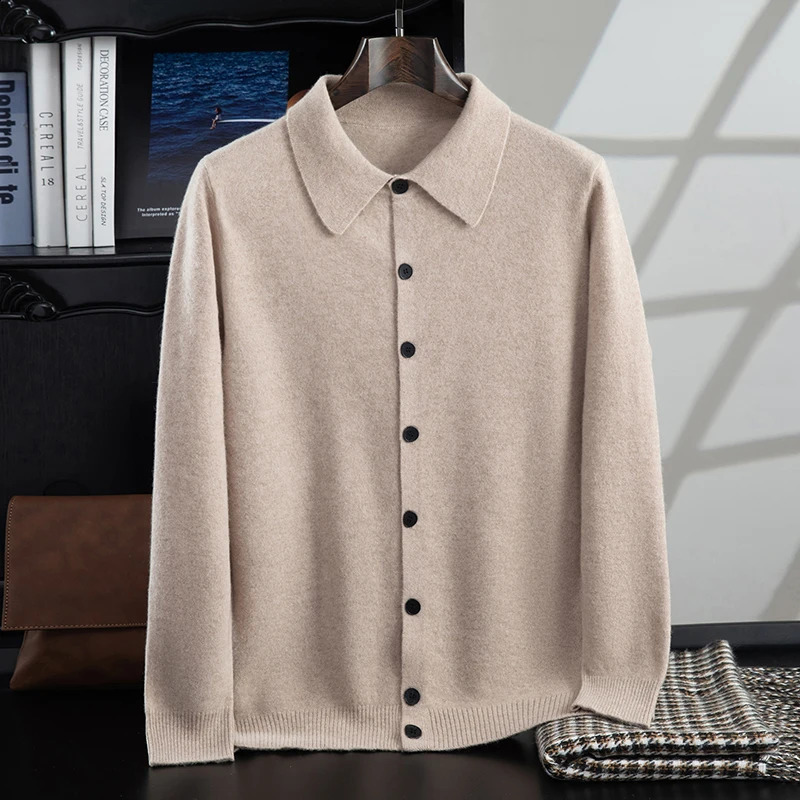 Autumn Winter 100 Merino Wool Sweater Men's Lapel Knitted Cardigan Casual Business Long Sleeved Polo Shirt Basic Tops 261012
