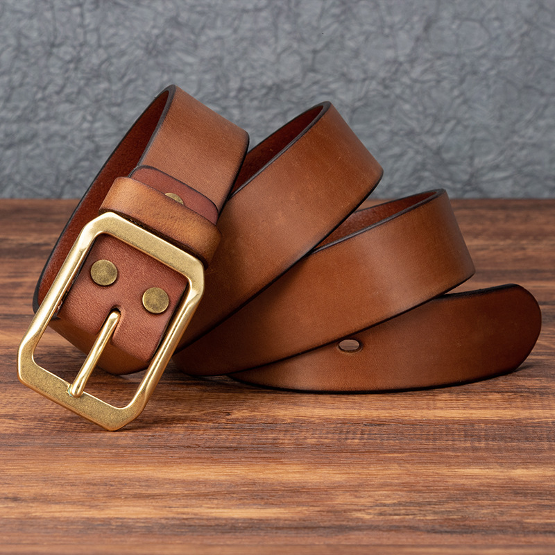 Men's Genuine Leather Pin Copper Buckle Vintage Distressed Workwear Soft Durable Pure Cowhide Trouser Belt High-Quality