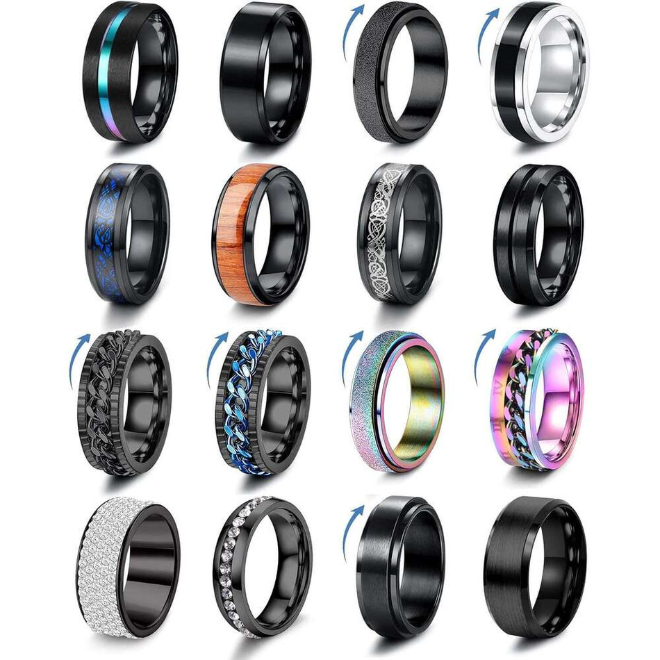 2026 New 16Pcs Stainless Steel Men Women perfume Fidget Anxiety Relief Cool Chain Beveled cologne Edges Celtic Black Band Spinner Set For Wedding Pr