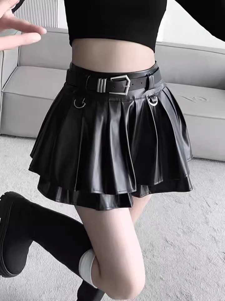 Black PU Leather Pleated Skirts Mini Skirts for Women - High Waist A-Line with Inner Shorts Petite Friendly Edgy Fall Spring Style W261017