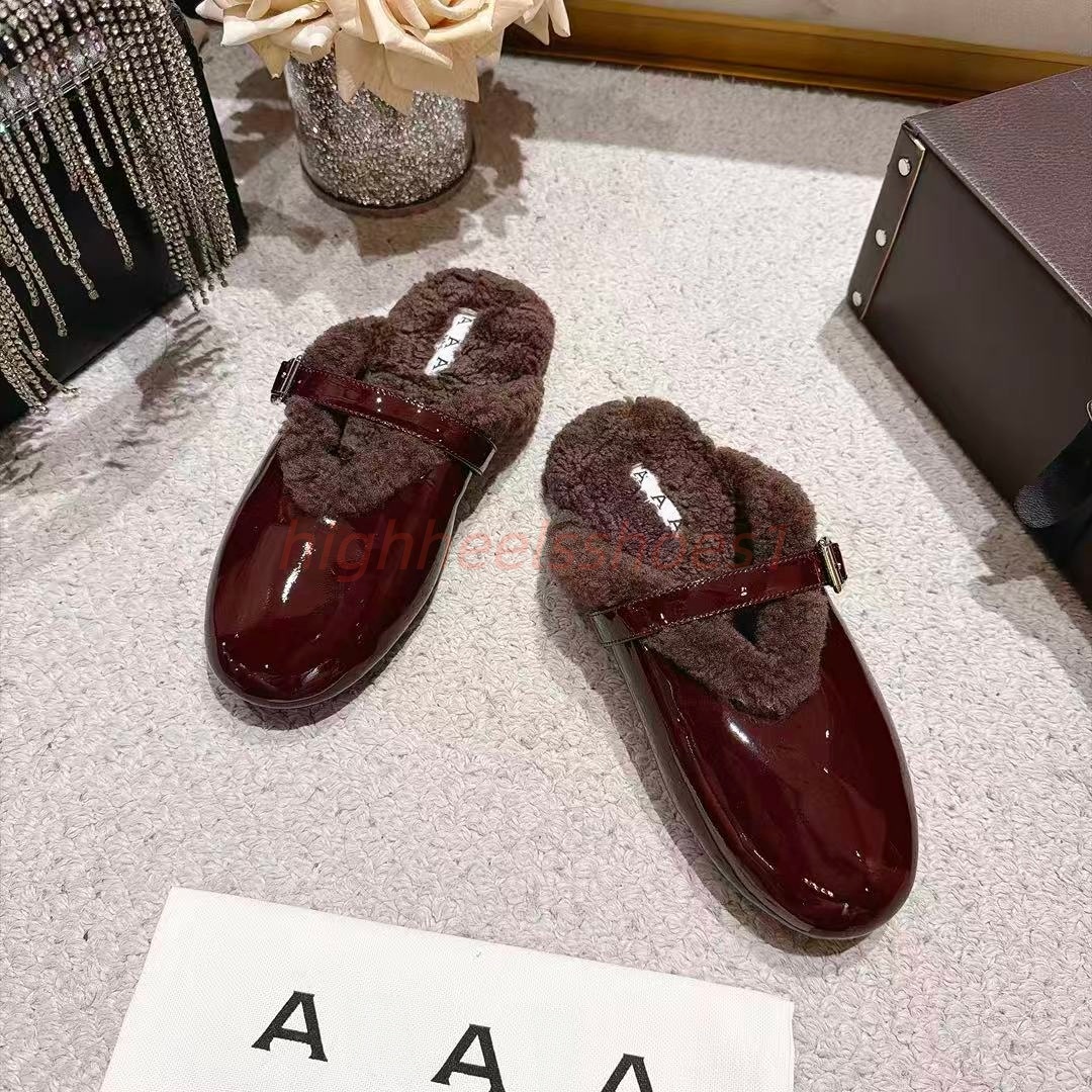 Designer Patent Leather Fur Mules Women Winter Luxury Slippers Wool Fleece Mary Jane Flat Lazy Loafers Buckle Strap Slides Warm Shoes size 35-41