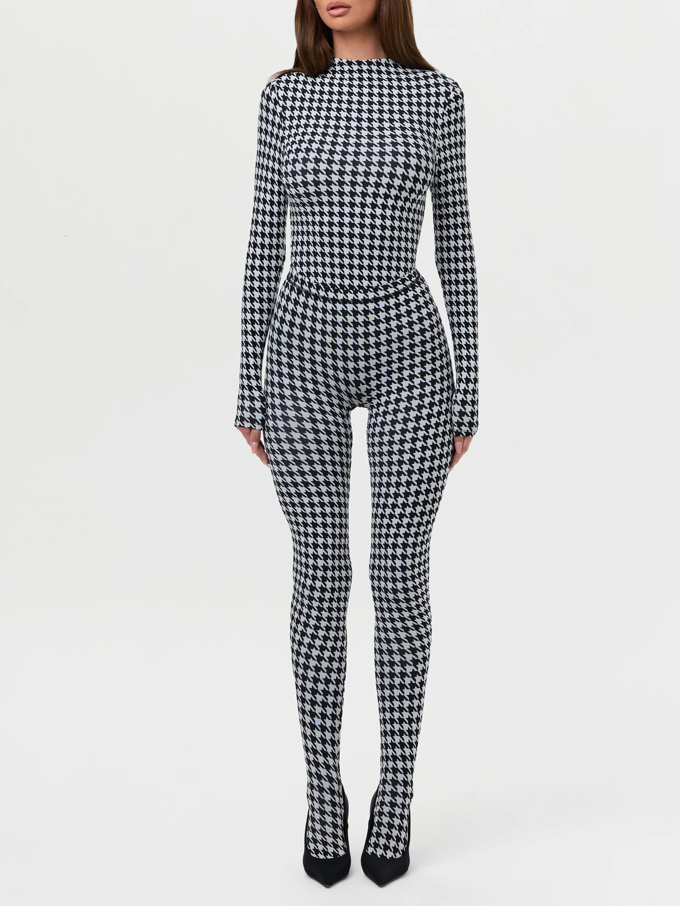 Women's fashionable printed high neck long sleeved sexy waist slim fit jumpsuit 261015
