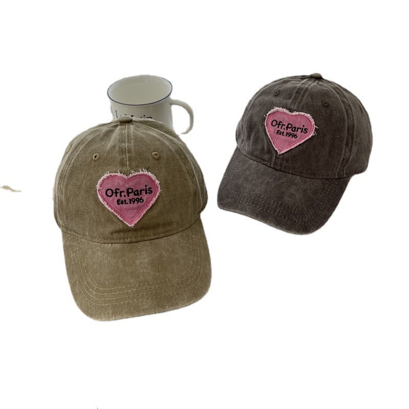 Spring summer sweet and cool heartshaped pink embroidered baseball women versatile vintage washed softtop duckbill cap for men trendy sun hat