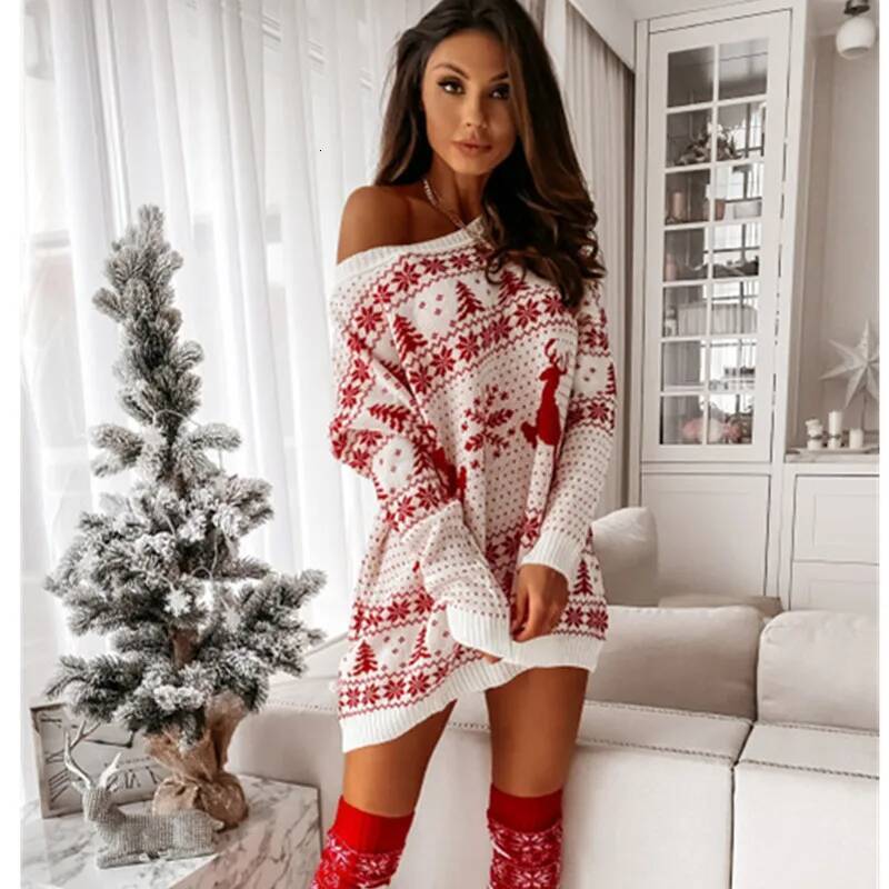 Winter Christmas Knitted Dress Women Casual Loose Jacquard Sweater Full Sleeve Jumpers Soft Knitwear Xmas Party Look Vestidos