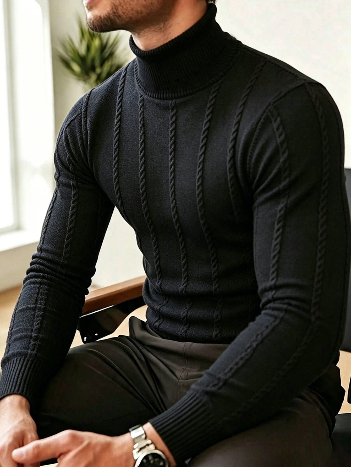 Men's Turtleneck Cable Knit Sweater Slim Fit Long Sleeve Warm Casual Knitted Pullover Jumper 261009