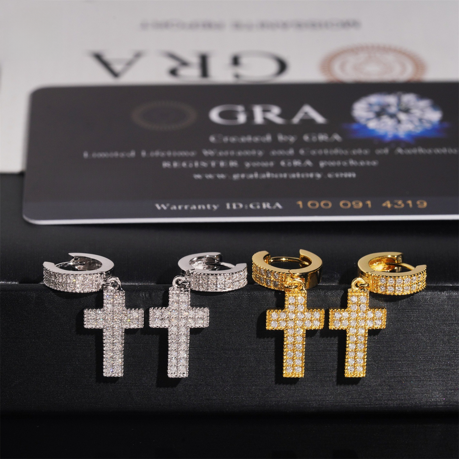 Hot-selling item: full-diamond hip-hop cross earrings, S925 silver with VVS moissanite, two-tone design, versatile for both men and women