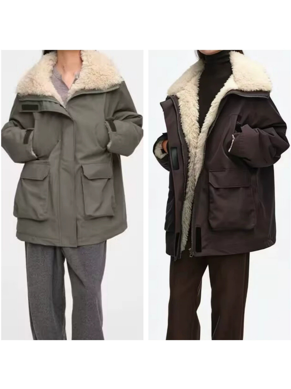 New autumn/winter European and American style workwear-inspired fashion, simple shearling parka with patchwork design, warm outerwear, trendy