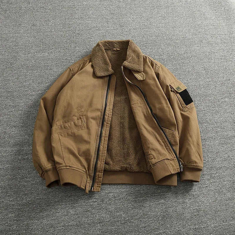 Cargo cotton coat lamb velvet warm inside loose men's vintage bomber jacket top trend 261010