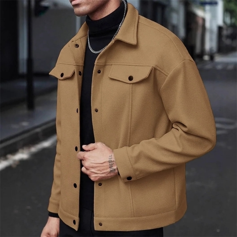 Men Short Jacket outerwear Mens Autumn Winter Casual Lapel Solid Woolen Jacket Male Fashion Multi Pockets Sports Business Jackets Coats Outerwear Cr