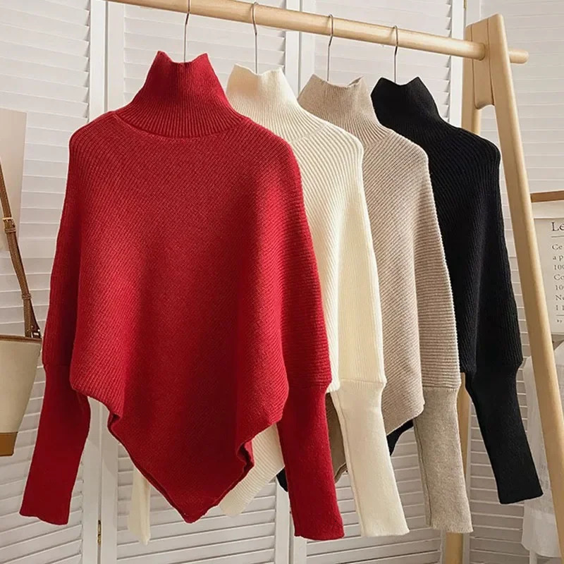 zjaiss Vintage High Neck Long Sleeve Female Pullovers 2026 Autumn Winter Women Fashion Irregular Loose Knit Sweater Chic Tops 261008