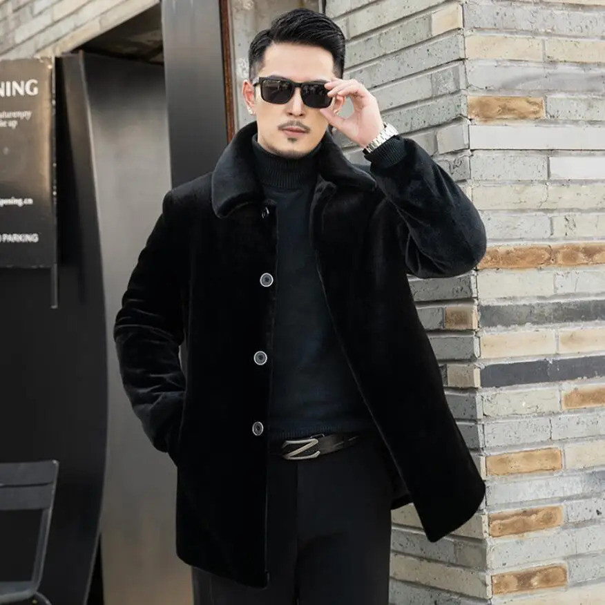 Men's Faux Fur Mink Coat Whole Winter HighEnd Thickened Long MiddleAged Jacket Black Thicken 261012