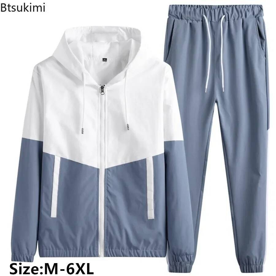 2026 New Men's Casual Sets Tracksuit Oversized Trend Patchwork Design Hooded Jacket+pants Two-piece Men Running Sports Suit