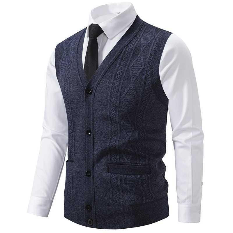 Winter Autumn Men's Warm Vests Slim Fit Knit Vests Men V-Neck Solid Color Smart Casual Knitted Waistcoat Mens Geometric Sleeveless Knit VestW26