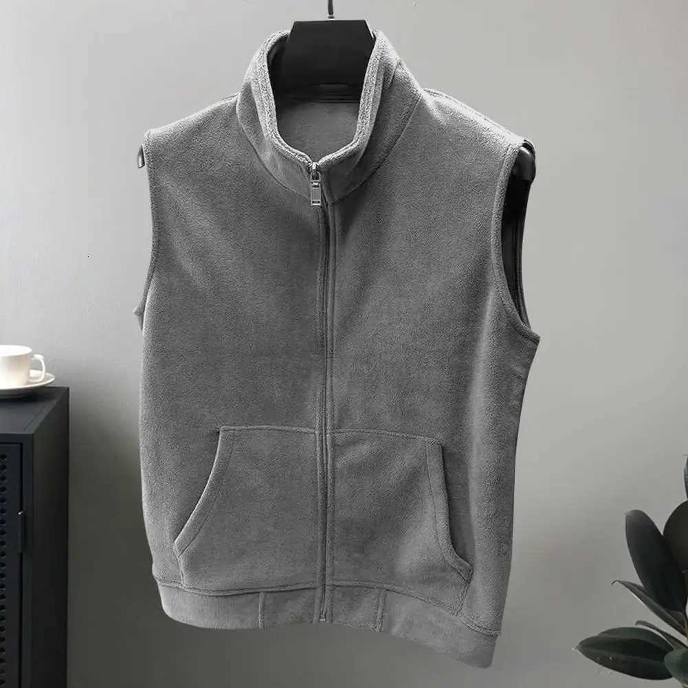 Polar Men Men's Fleece Vests Vest Coat With Pockets Stand-Up Collar Sleeveless Zipper Placket Soft Warm Polar Fleece Plush Base WaistcoatW26101