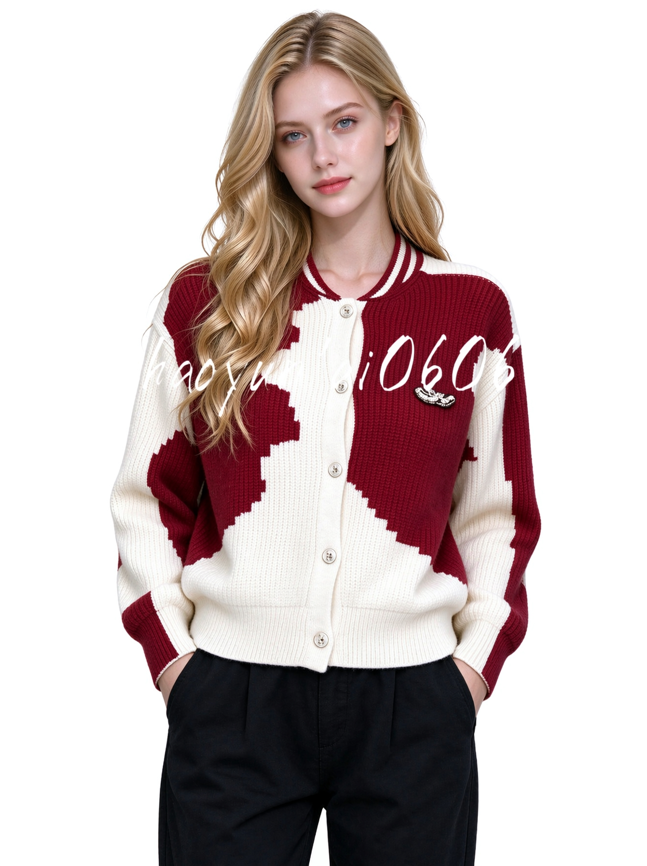 Women's Designer Sweater Two-Tone Varsity Knit Cardigan Rhinestone Badge Ribbed Collar Sweater Jacket