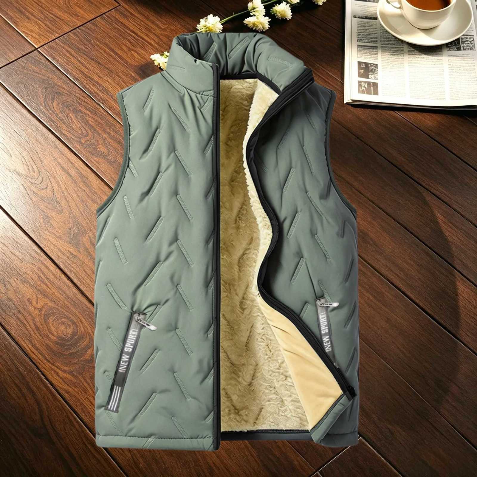 Lined Men's Fleece Vests Men Padded Vest Stand Collar ZipUp Sleeveless Jacket Windproof Warm Quilted Waistcoat for WinterW261017