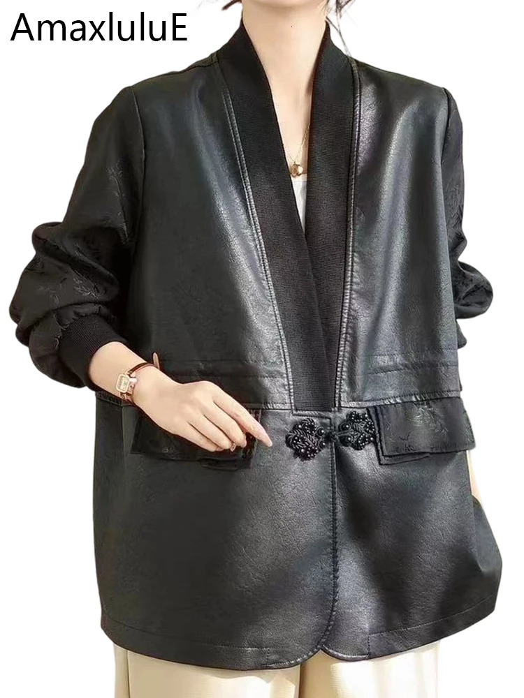 Amax LuluE Chinese 2025 Autumn Ladies Fashion Patchwork Faux Leather Jackets Loose V Neck PU Coat y Vintage Outwear 261008