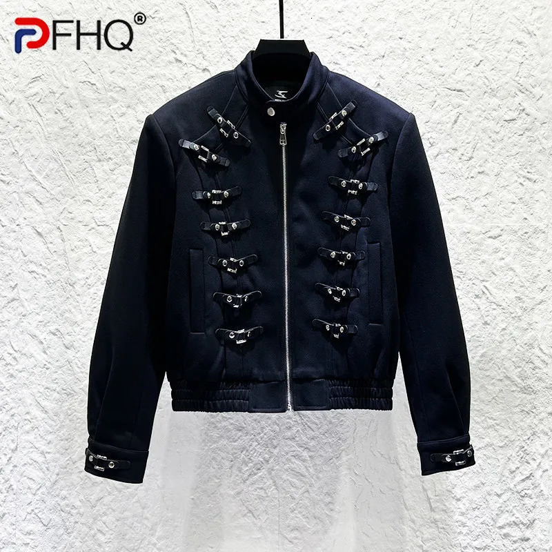 PFHQ American Style Punk Rock Buckle Jacket Men Loose Long Sleeve Stand Collar Zipper Cropped Streetwear Coat 21P5004 261014