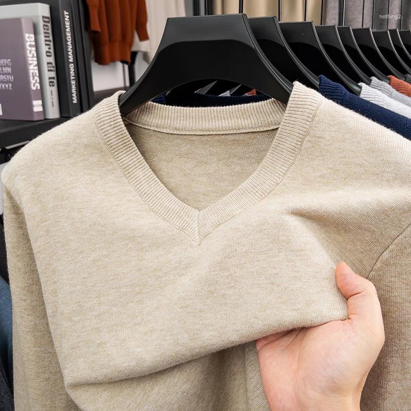 Fashion Original Solid Color V-Neck Men's Knitted Sweater Soft Autumn Long Sleeve Base Pullover Tops Business Casual Wear