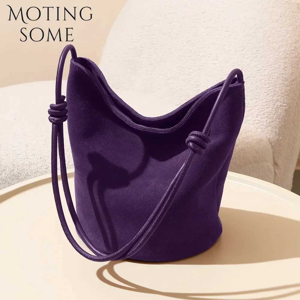 Evening Bags Motingsome Suede Leather Handbag Women Mini Bucket Tote Strings Shoulder Vintage Bags Winter Daily Commuting Purses 2024 New H261016