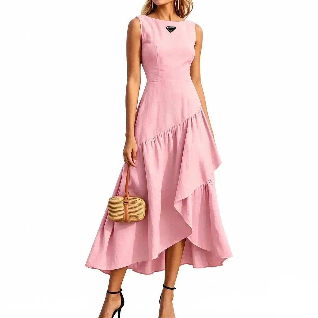 Women Summer Sleeveless Long Dress Solid Color Boat Neck High Waist Dress Asymmetrical Ruffle Hem Flowy Casual Dresses Ladies Beach Holiday Wedding