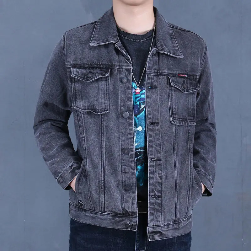 Grey Denim Jacket Men's Large Size Loose Trendy Workwear Autumn Winter High Wear Resistant Coat Youthful Energy Style Long Sl 261012