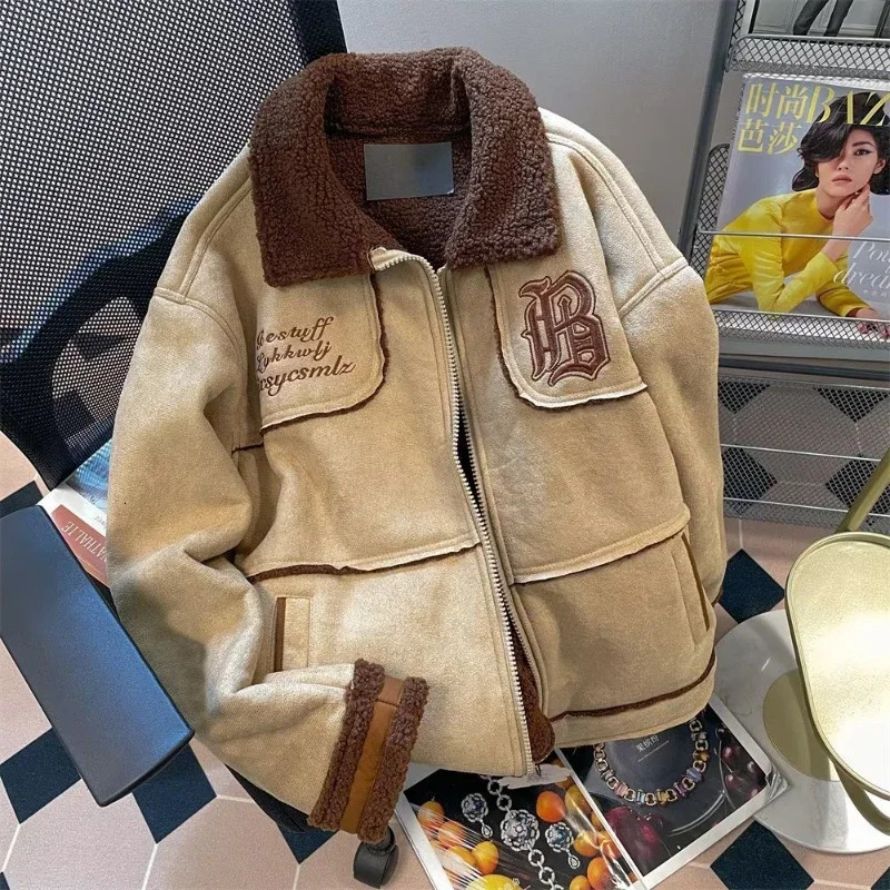 American retro suede jacket men's and women's autumn winter fur integrated lamb wool cotton coat highend couple outfit 261010
