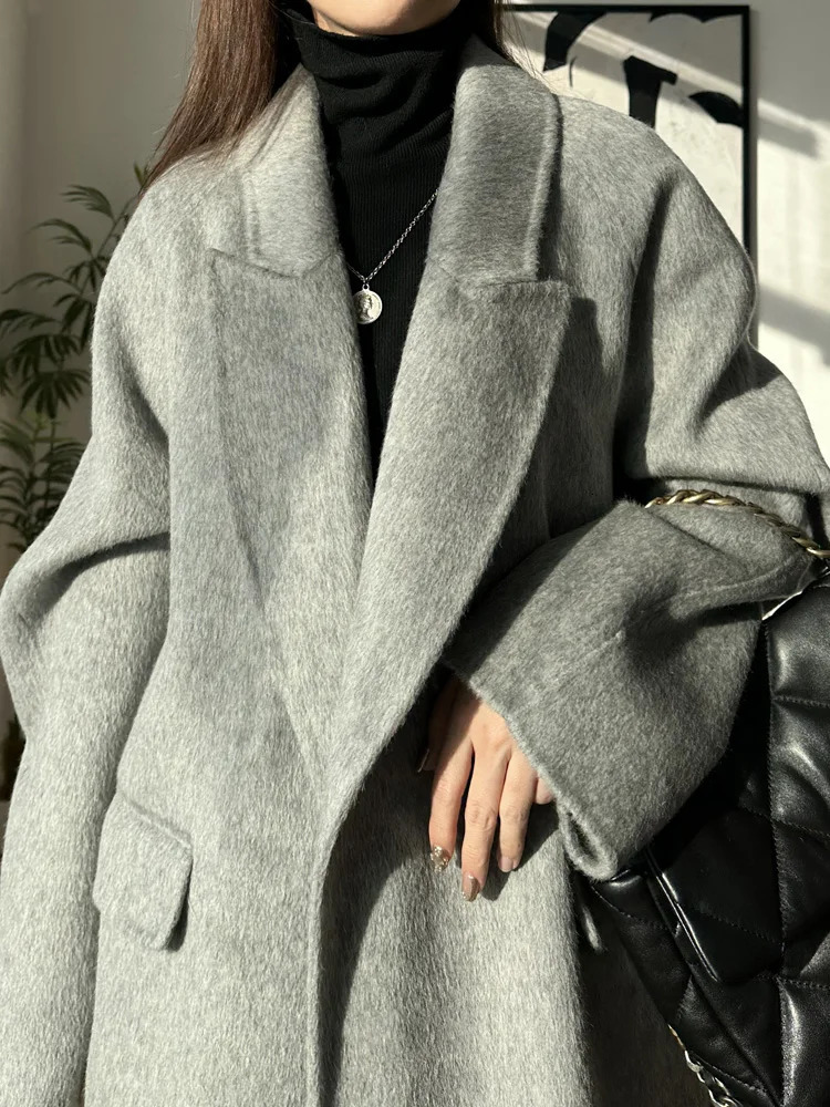 Highend Long Fur Thick Doublesided Wool Cashmere Coat Autumn Winter Lapel Laceup Woolen Coat Trench Overcoat 261010
