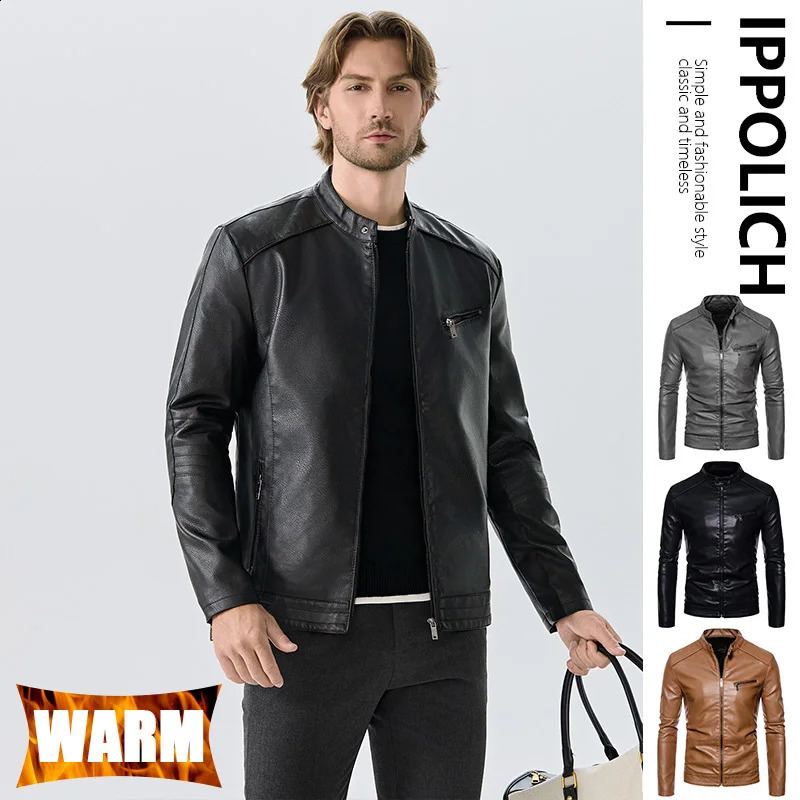 Autumn Men's PU Leather Jacket Slim Jackets Faux Fur Plush Lining Warm Casual HighEnd Business Windproof Coat 261014