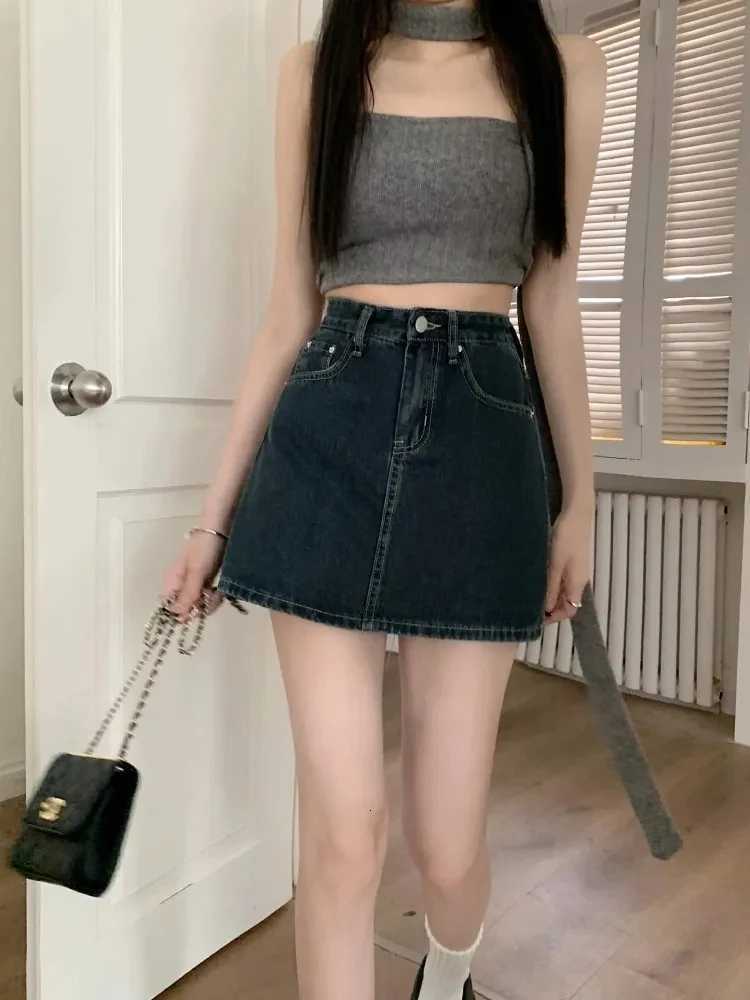 Mini Skirts Women's Y2K High-Waist Skirt Deep Blue Denim Spring Summer Slimming Flattering Wrap Around Skirt for Full Coverage W261017