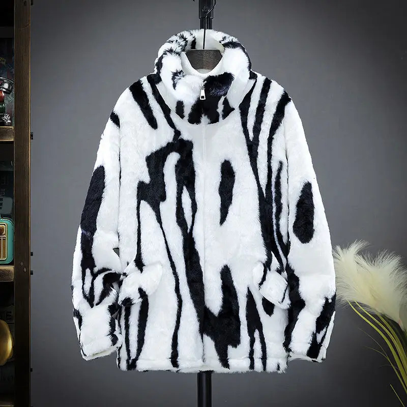 Men 2024 Winter Fashion Lamb Fur Jackets Male Loose Couple Faux Coats Thicken Warm Stand Collar Overcoats O398 261012