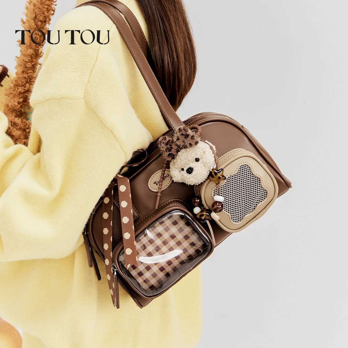 Evening Bags Toutou Leather Multi Pocket Designer Handbag Female Shoulder Underarm Bag Ita Bag Brown Ribbon Double-Layer Bowling Bag H261016