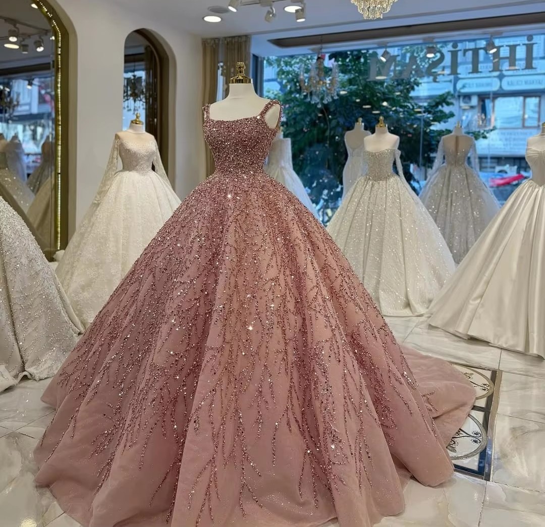 Luxury Pink Ball Gown Prom Party Dress Sparkly Crystal Beading Sequins Pageant Dresses Evening Formal Gowns Birthday