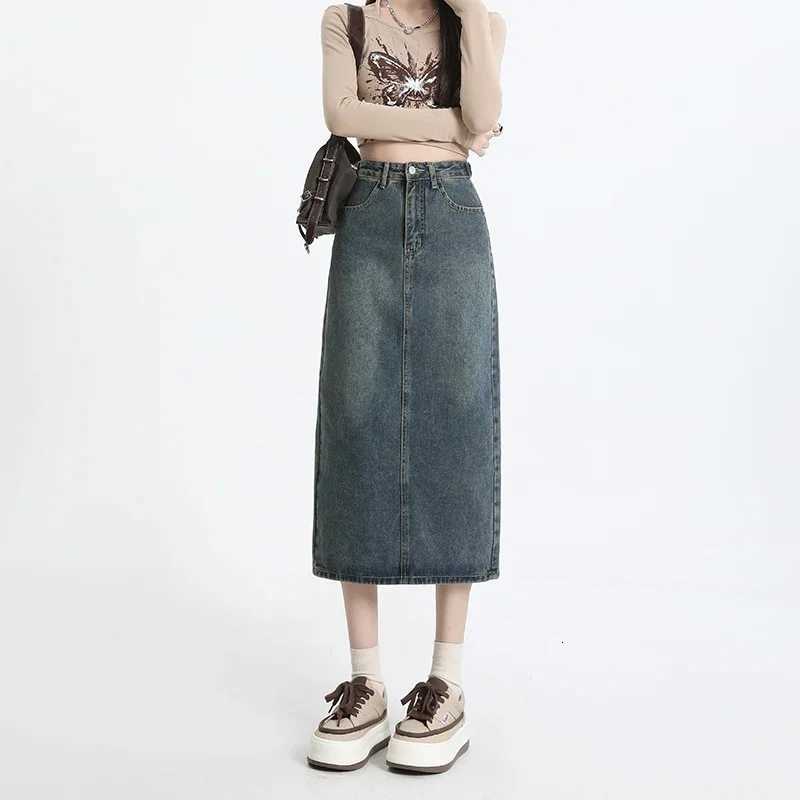 Women's Waist Skirts Denim Adjustable Skirt 95% Cotton Slit Design Fashion Korean Hip-covering Long A-line Skirt Black Retro Blue Gray W261017