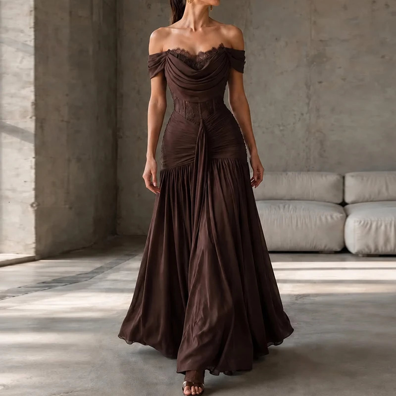 Sexy Off Shoulder Strapless Slim Cocktail Dresses Elegant Lace Splicing Draped Long Dress Women's Fashion Sleeveless Party Gowns 261015