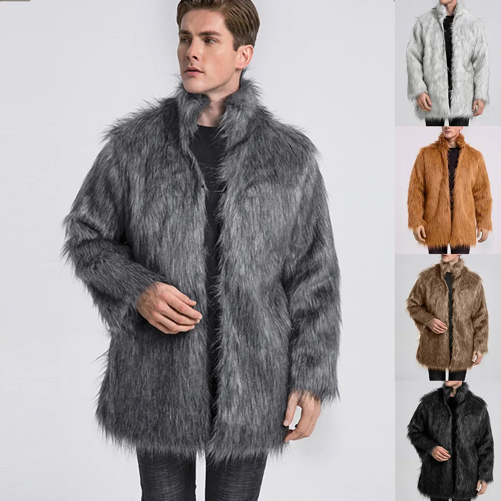 Men Faux Fur Jacket Coat Winter Thick Fluffy Long Sleeve Stand Collar Warm Shaggy Outerwear y Bontjas Jackets Mens 261012