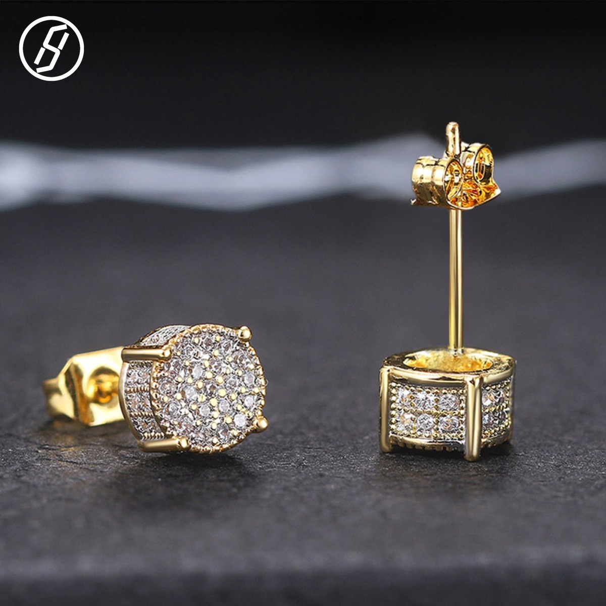 Hip-Hop Iced Out 3D Round Cluster Stud Earrings Pave CZ Side Wall 18K Gold Silver Plated Unisex Bling Earrings for Men Women Designer Earrings Whole