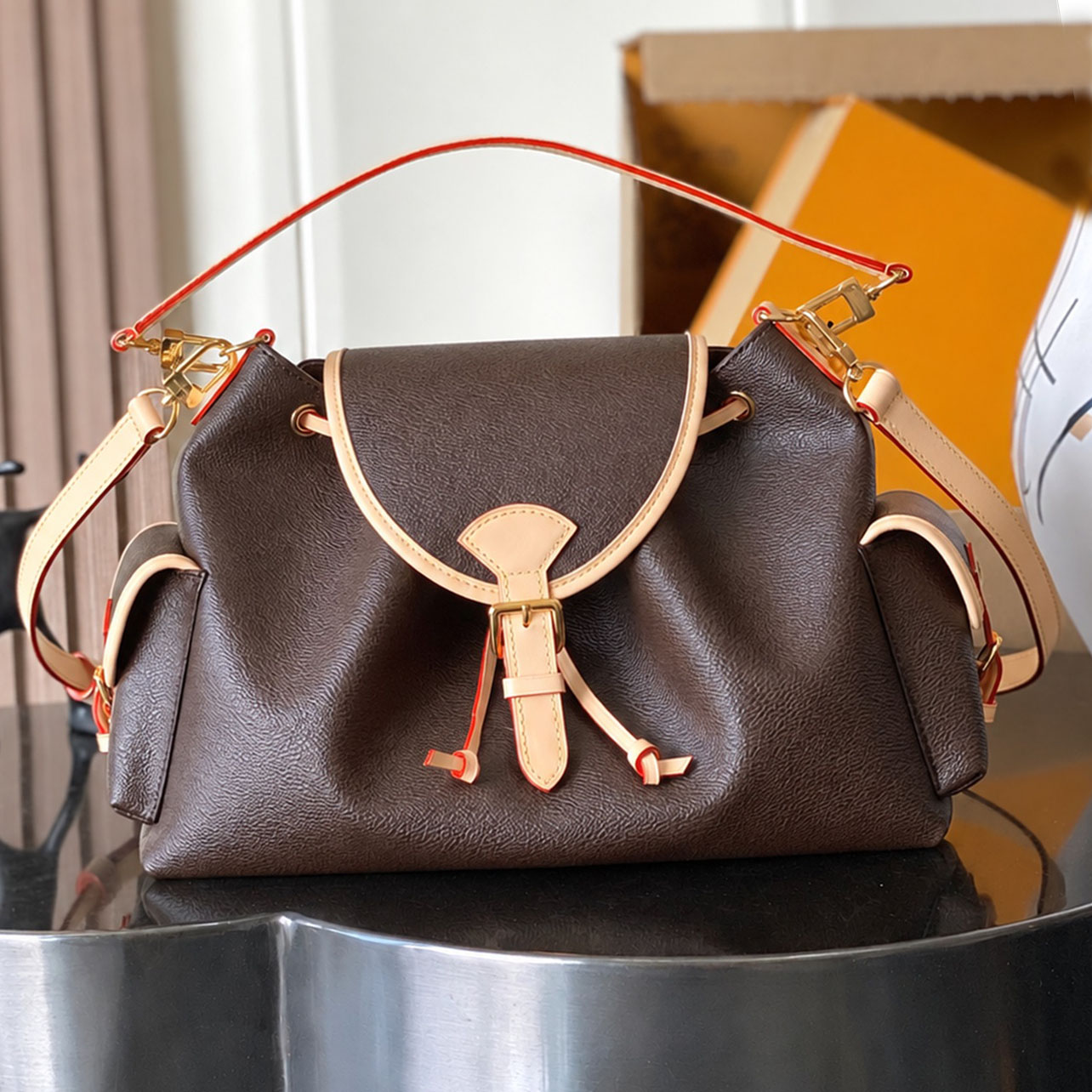 Drawstring Flap Shoulder Bag Printed Canvas Leather Trim Side Pockets Spacious Vintage Chic for Travel Top-Tier Designer New Arrival