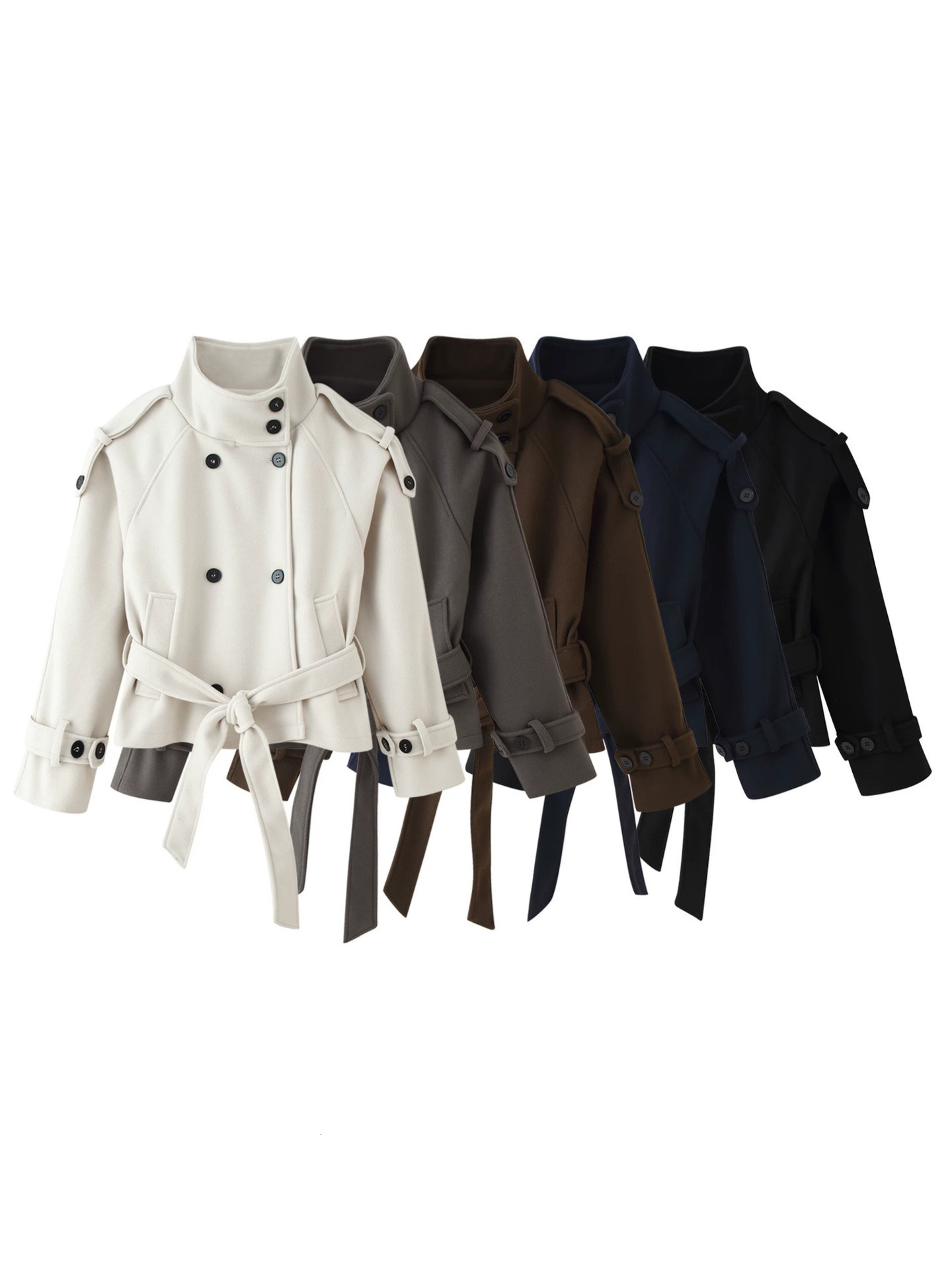 Trendy autumn winter European and American style casual double-breasted lace-up soft stand collar long-sleeve solid color trench coat