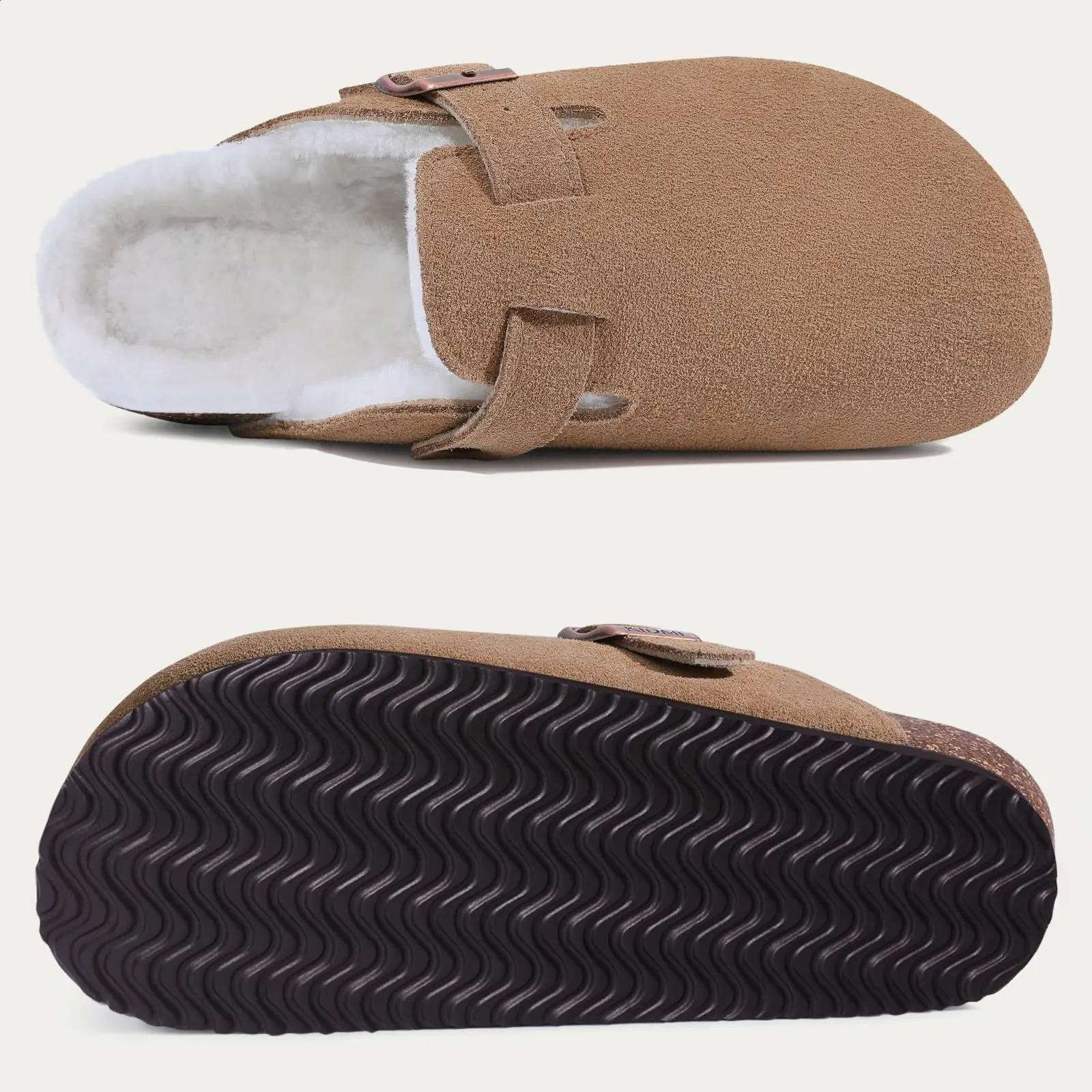 Comwarm Classic Winter Mules For Women Men Winter Fur Suede Clogs Cork Footbed Cozy Fuzzy Slippers With Adjustable Buckle 261017