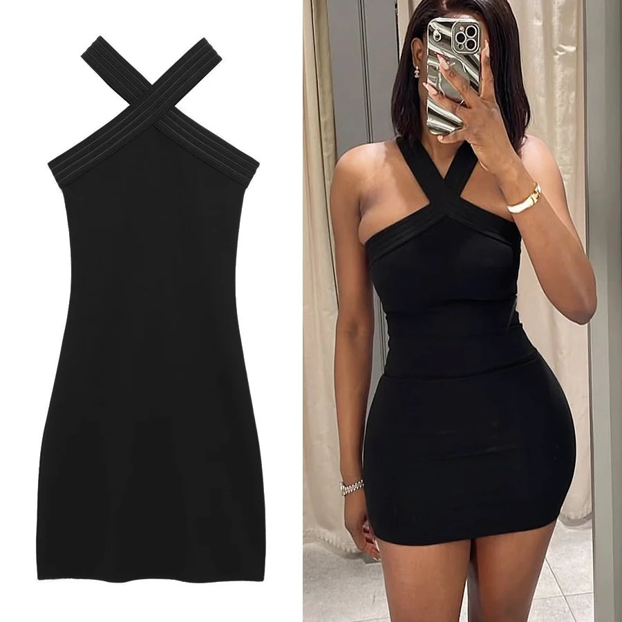 HXAO Women's Halter Black Dress Mini Sleeveless Short Dresses Woman Off Shoulder Bodycon Sexy Party Dress Vestidos Summer 261015
